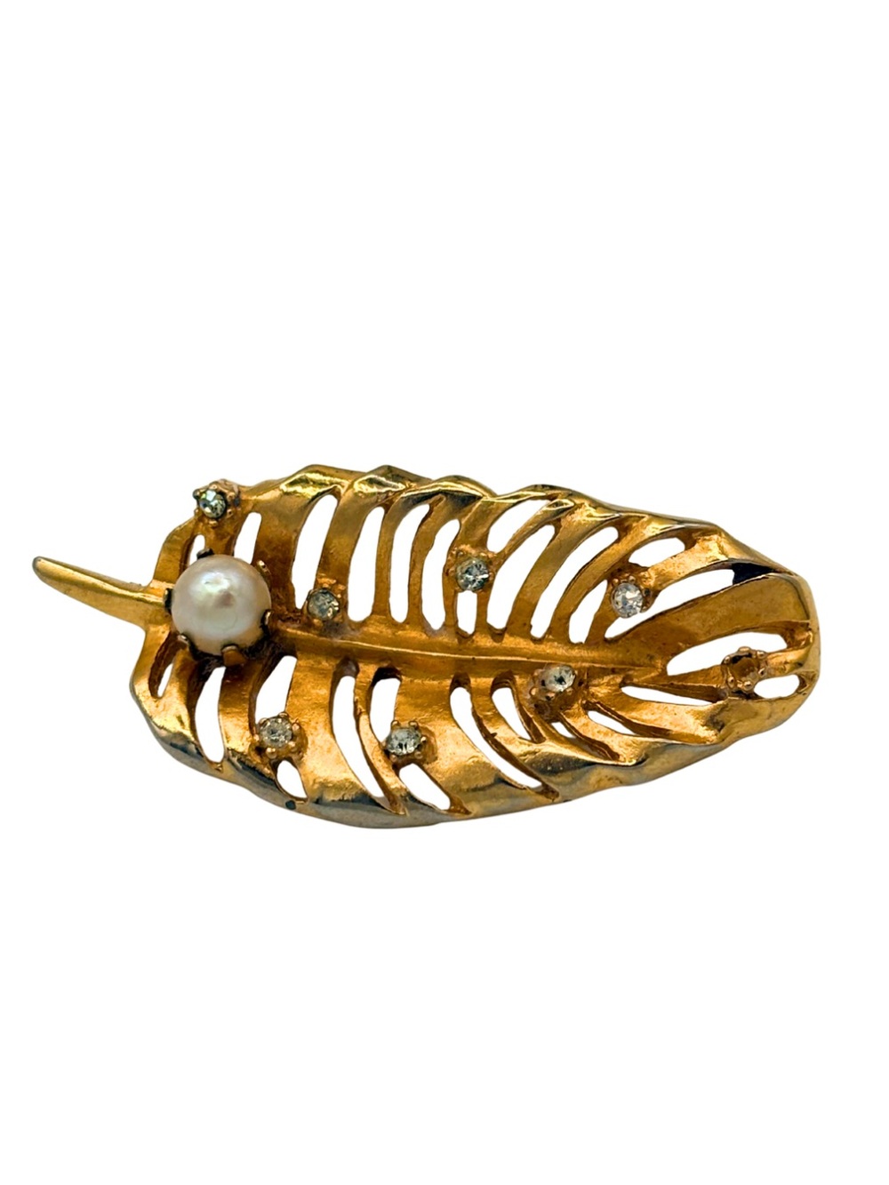 Kramer Signed Gold Leaf Pearl Rhinestone Accent Brooch - Women Jewelry